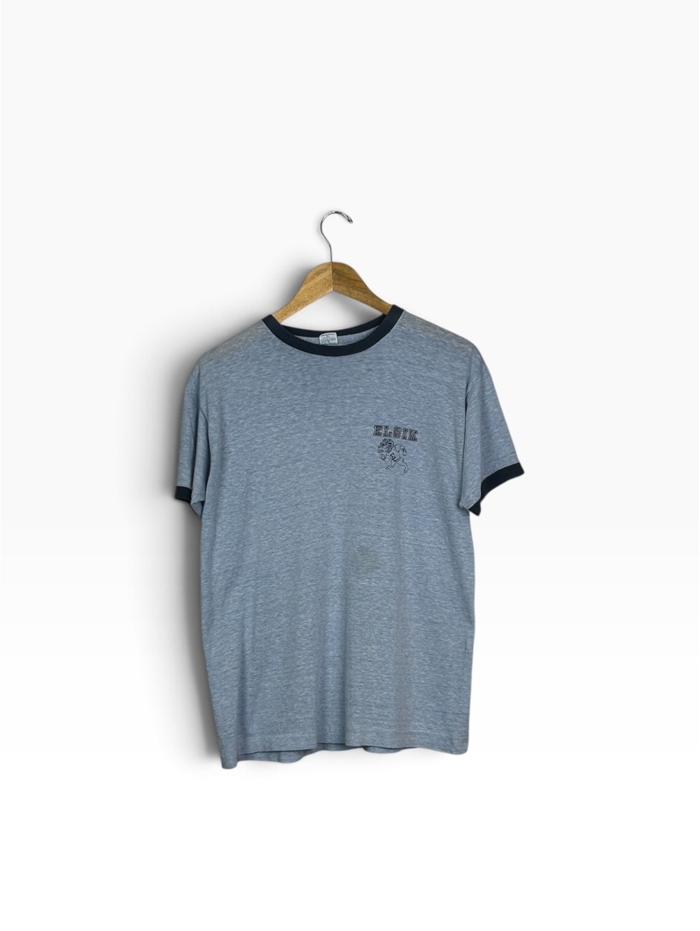 Vintage Champion Elsik Graphic Ringer T-Shirt Large Blue Heather with Black Trim